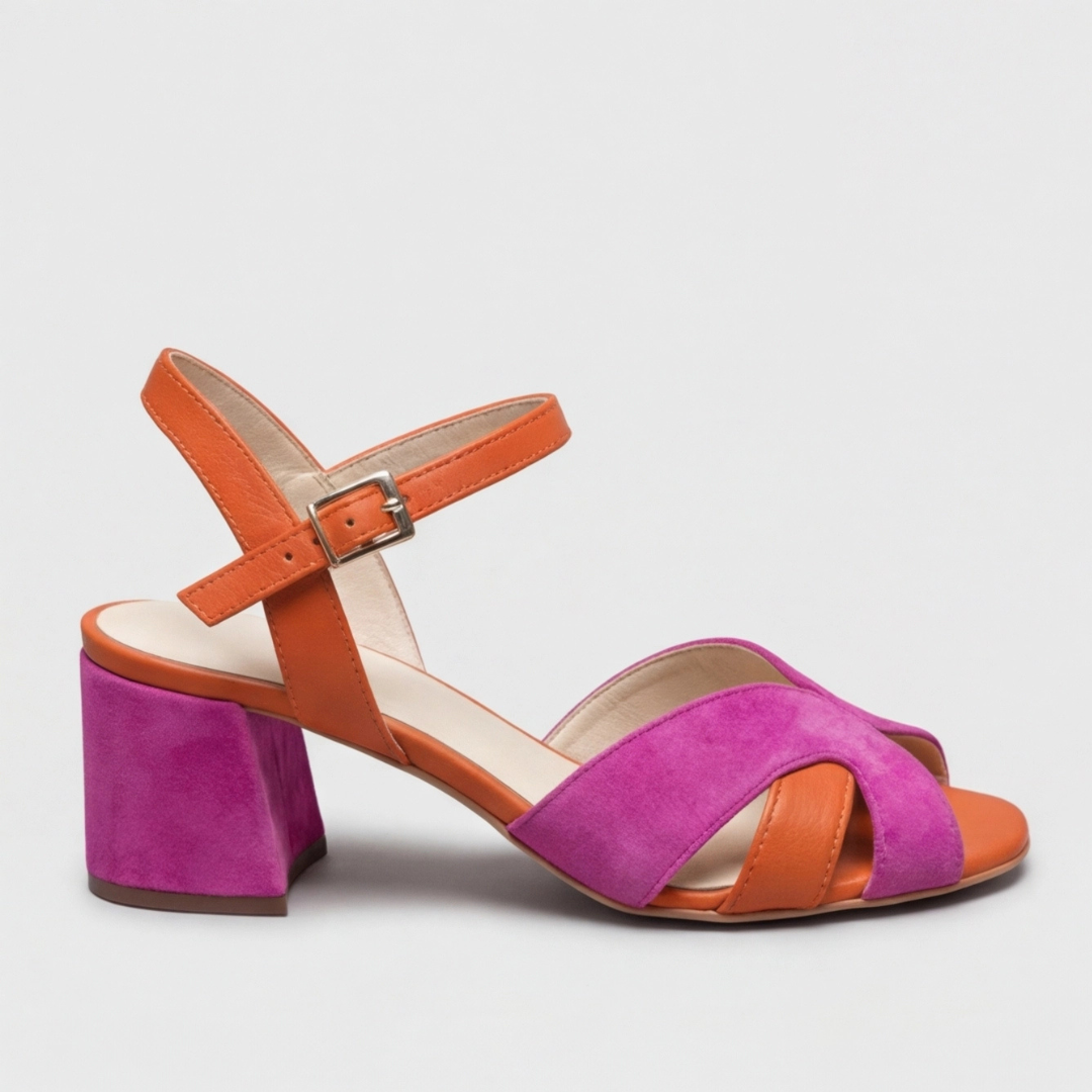 Comfortable Pink Color Block Heels for Women with Orthopedic Chunky Heel Ankle Strap Style