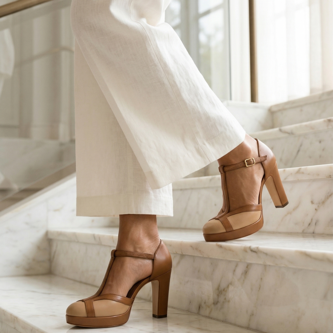 Comfortable Brown Heels for Women with T Strap Style