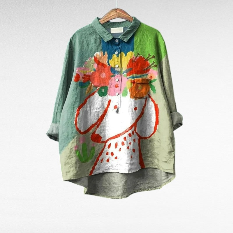 Effortless Green Floral Blouse for Women with Long Sleeve