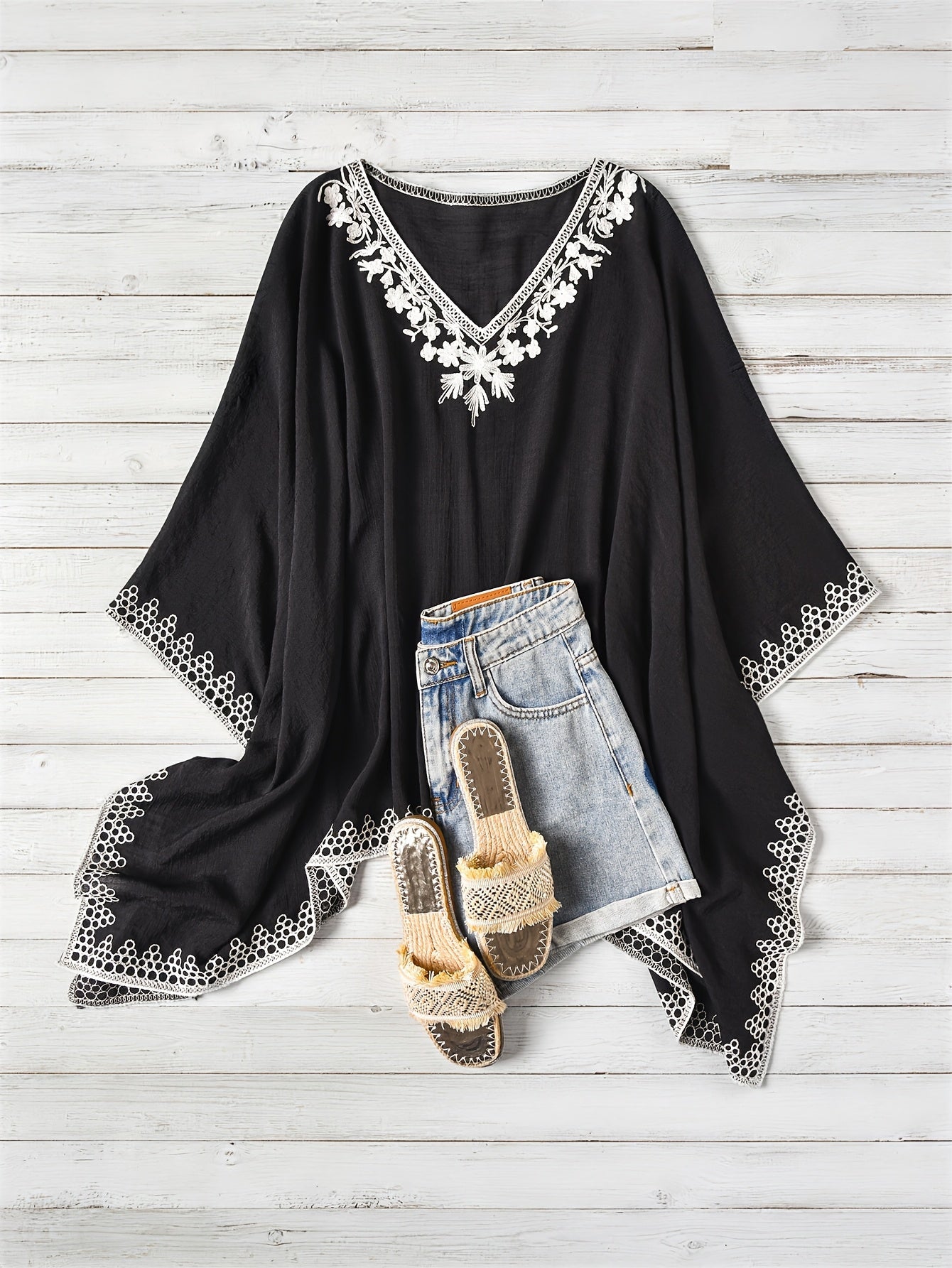 Effortless Poncho Shirt for Women with Embroidered Trim Batwing Sleeve Style