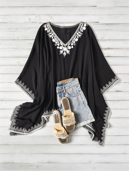 Effortless Poncho Shirt for Women with Embroidered Trim Batwing Sleeve Style