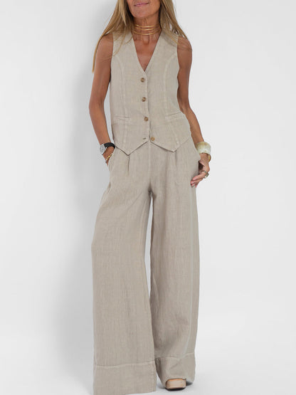 Comfortable Two Piece Set for Women with V Neck Sleeveless Wide Leg