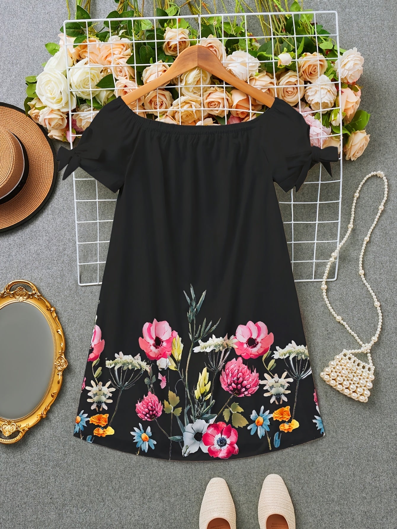Effortless Floral Mini Dress for Women with Off Shoulder Bow