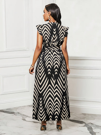 Stylish Striped Wrap Maxi Dress for Women with Ruffle Sleeve