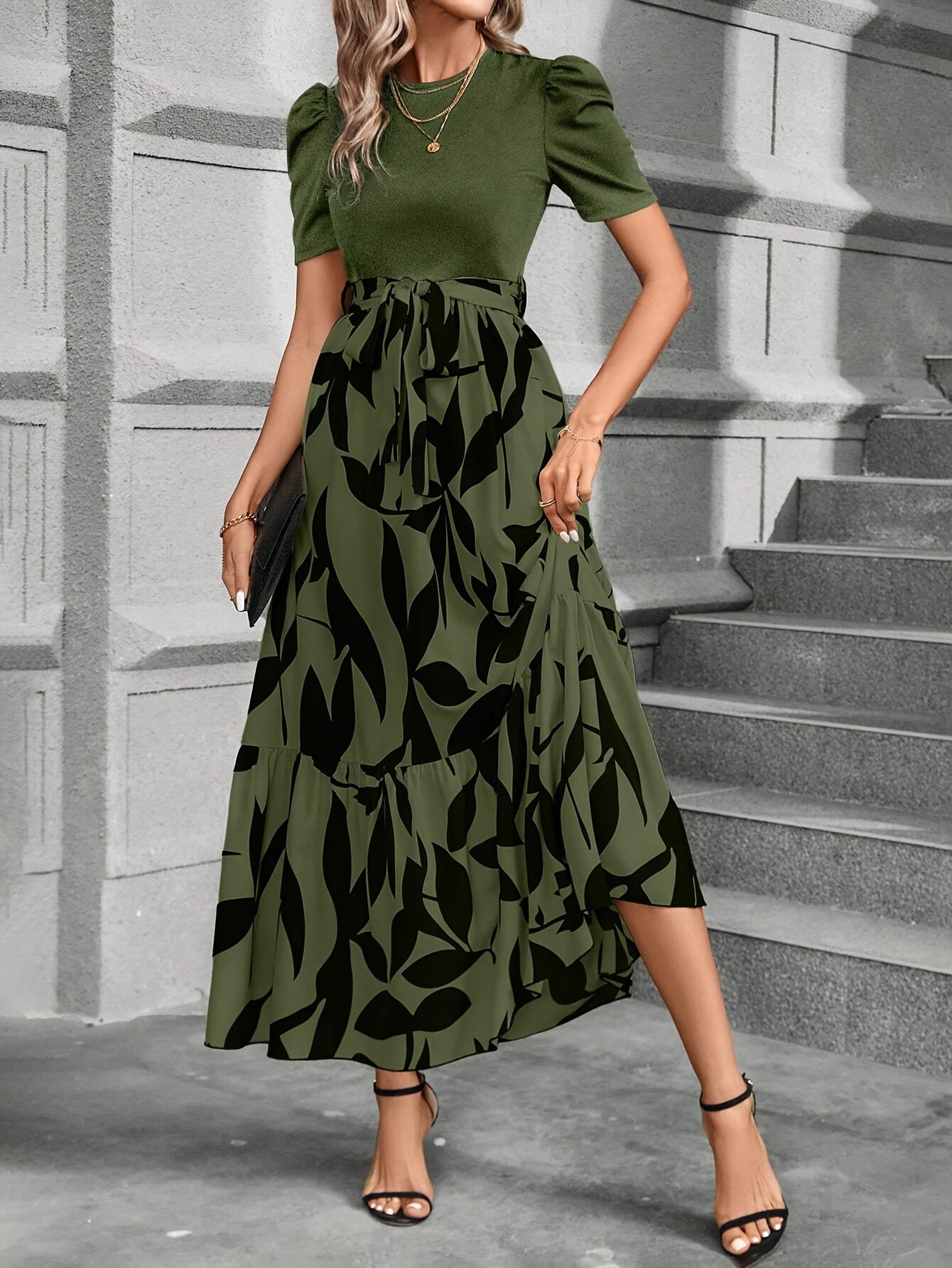 Stylish Printed Maxi Dress for Women with Tiered Casual Style
