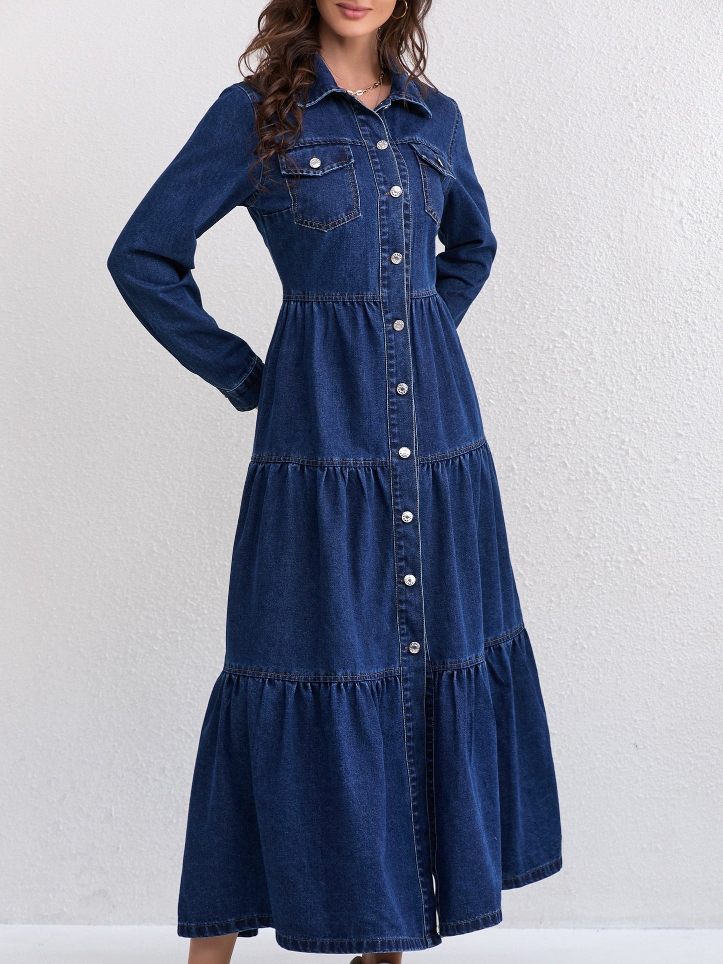 Elegant Blue Denim Maxi Dress for Women with Collar Long Sleeve Tiered Style
