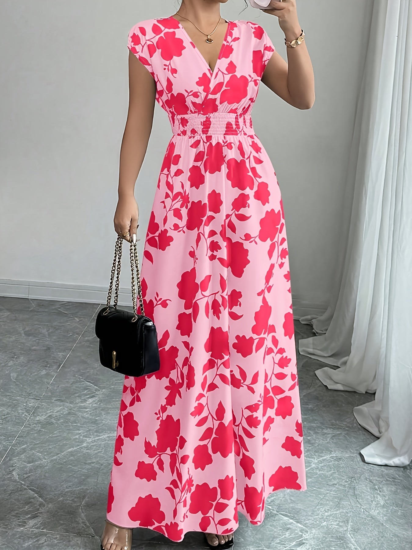 Elegant Floral Maxi Dress for Women with V Neck