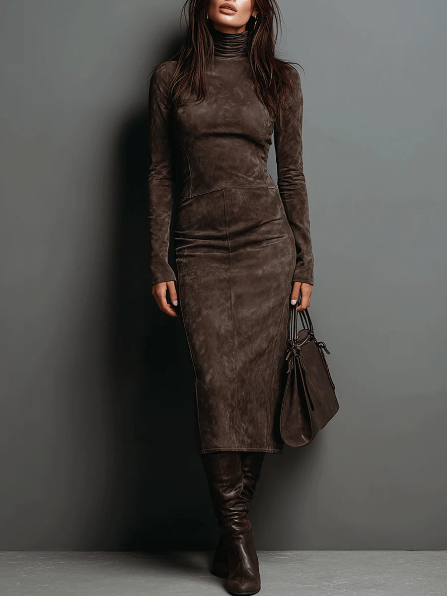 Elegant Suede Evening Dress for Women with High Neck Formal Wedding Guest Style