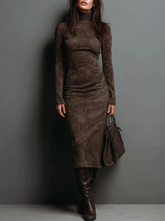 Elegant Suede Evening Dress for Women with High Neck Formal Wedding Guest Style