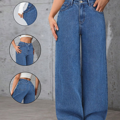 Effortless Relaxed Blue Wide Leg Jeans for Women with High Waist Flowing Style