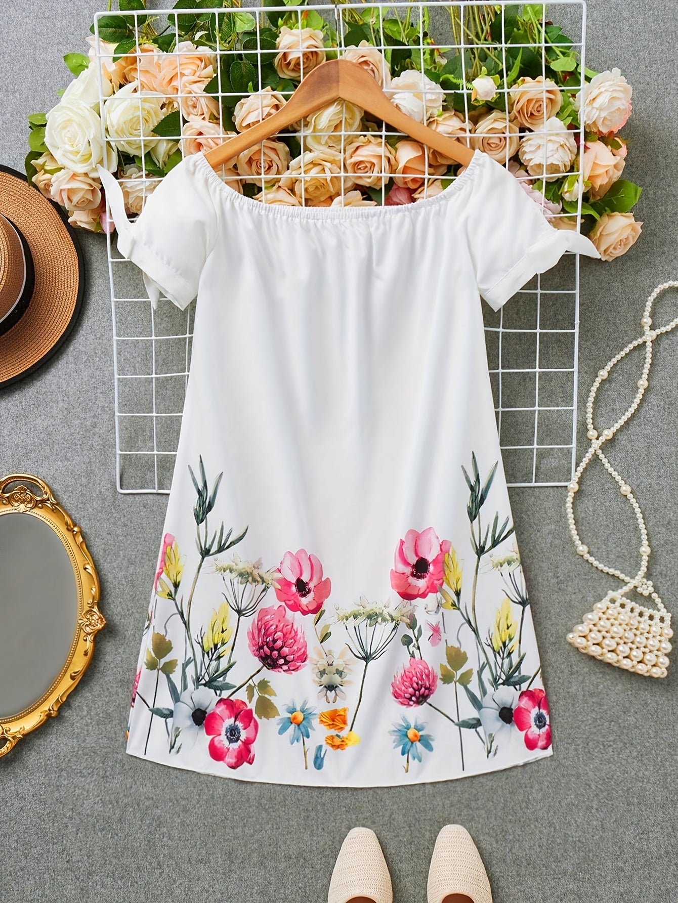 Effortless Floral Mini Dress for Women with Off Shoulder Bow