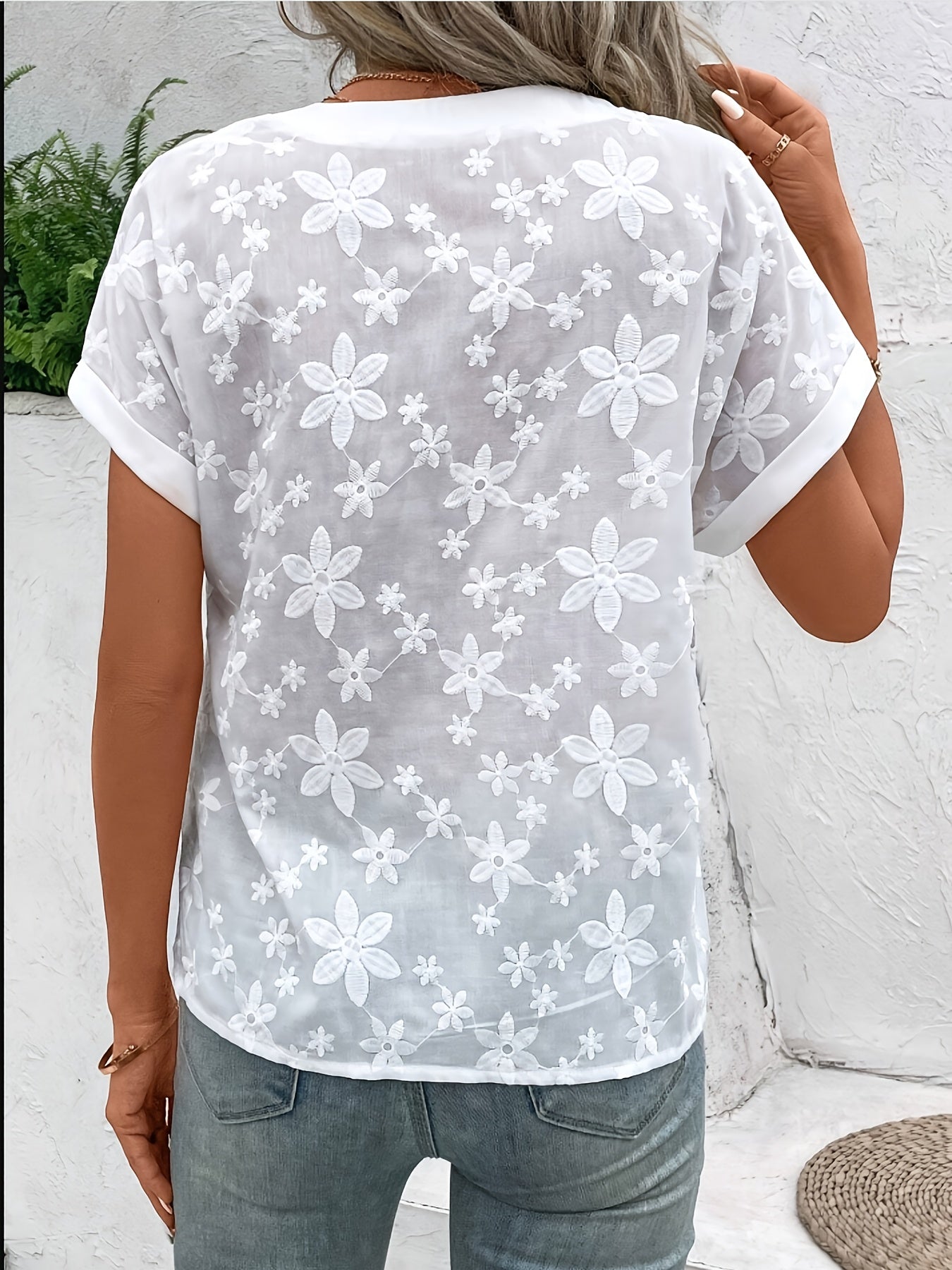 Effortless White Floral Blouse for Women with V Neck Batwing Sleeve