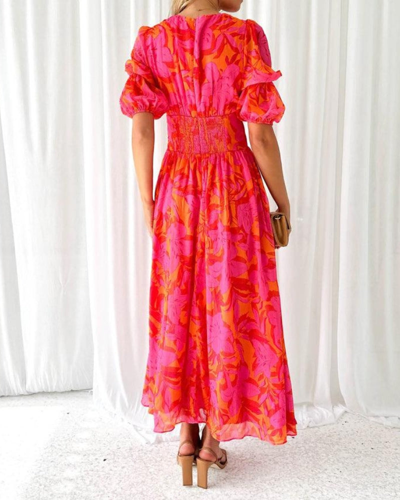 Stylish Maxi Dress for Women with V Neck Puff Sleeve