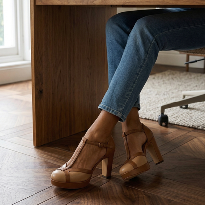 Comfortable Brown Heels for Women with T Strap Style