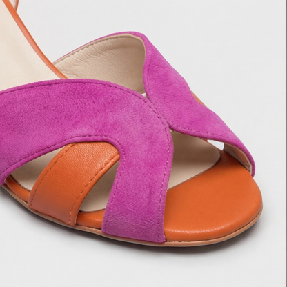 Comfortable Pink Color Block Heels for Women with Orthopedic Chunky Heel Ankle Strap Style