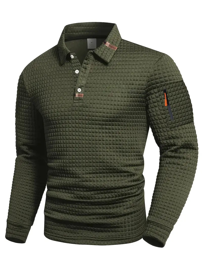 Classic Geometric Polo Shirt for Men with Long Sleeve Pocket