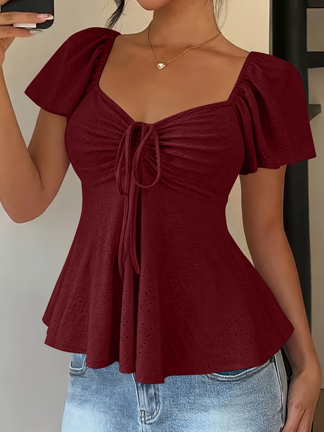 Effortless Blouse for Women with Sweetheart Neck Flutter Sleeve Peplum