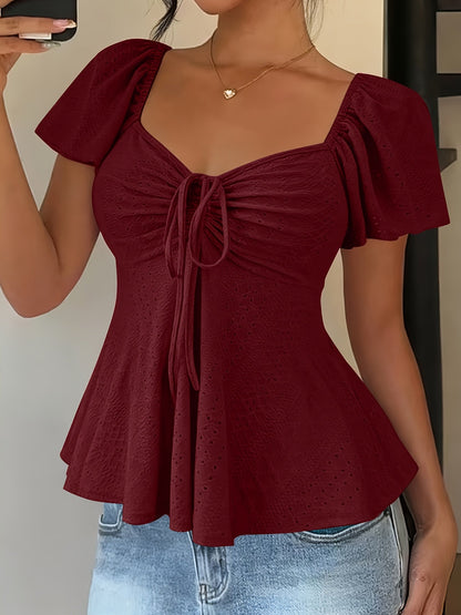 Effortless Blouse for Women with Sweetheart Neck Flutter Sleeve Peplum