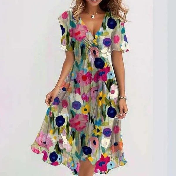 Effortless Printed Mini Dress for Women with V Neck Short Sleeve