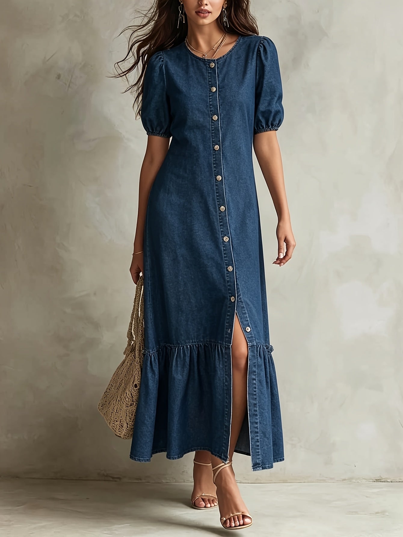 Elegant Blue Denim Maxi Dress for Women with Collar Puff Sleeve Front Slit Style