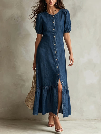 Elegant Blue Denim Maxi Dress for Women with Collar Puff Sleeve Front Slit Style