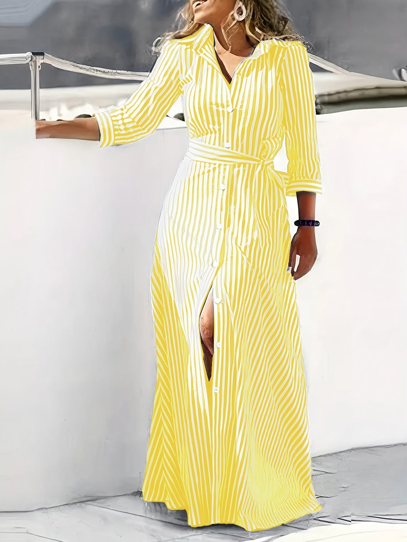Effortless Striped Maxi Dress for Women with Collared Belted