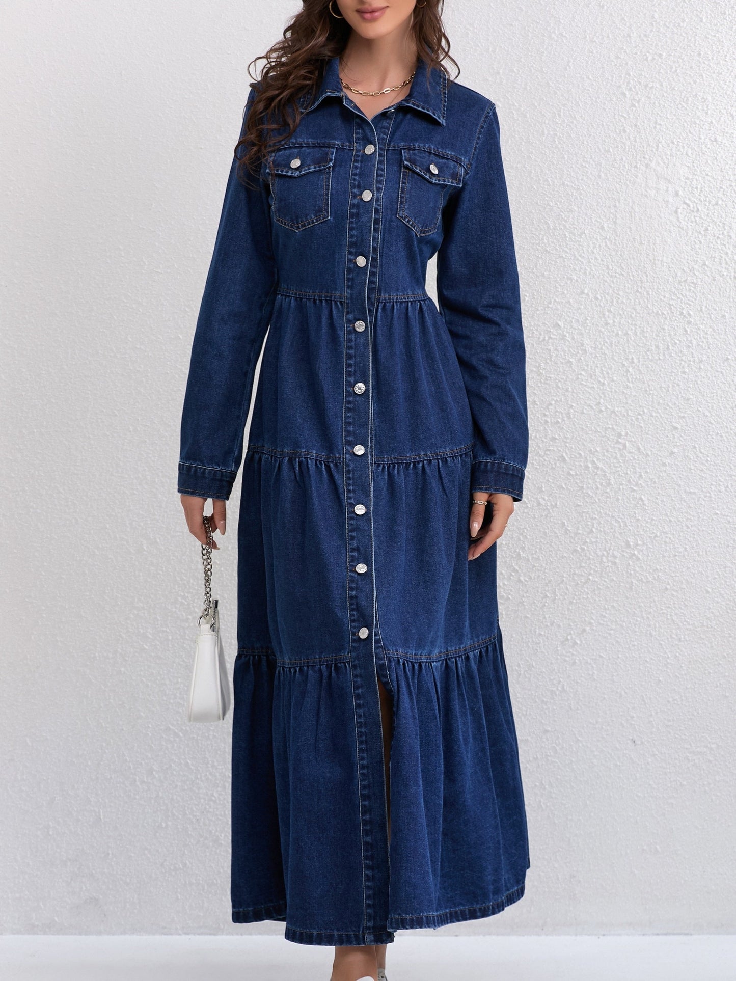 Elegant Blue Denim Maxi Dress for Women with Collar Long Sleeve Tiered Style