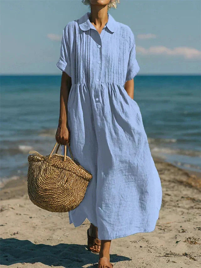 Stylish Maxi Dress for Women with Collared Short Sleeve Pleated