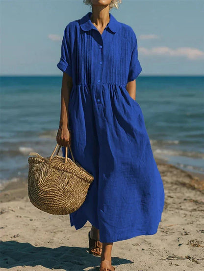 Stylish Maxi Dress for Women with Collared Short Sleeve Pleated