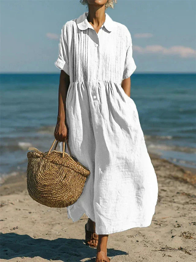 Stylish Maxi Dress for Women with Collared Short Sleeve Pleated