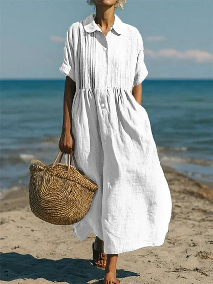 Stylish Maxi Dress for Women with Collared Short Sleeve Pleated