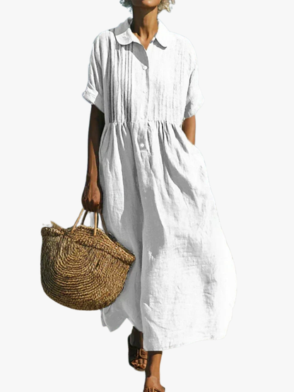 Stylish Maxi Dress for Women with Collared Short Sleeve Pleated