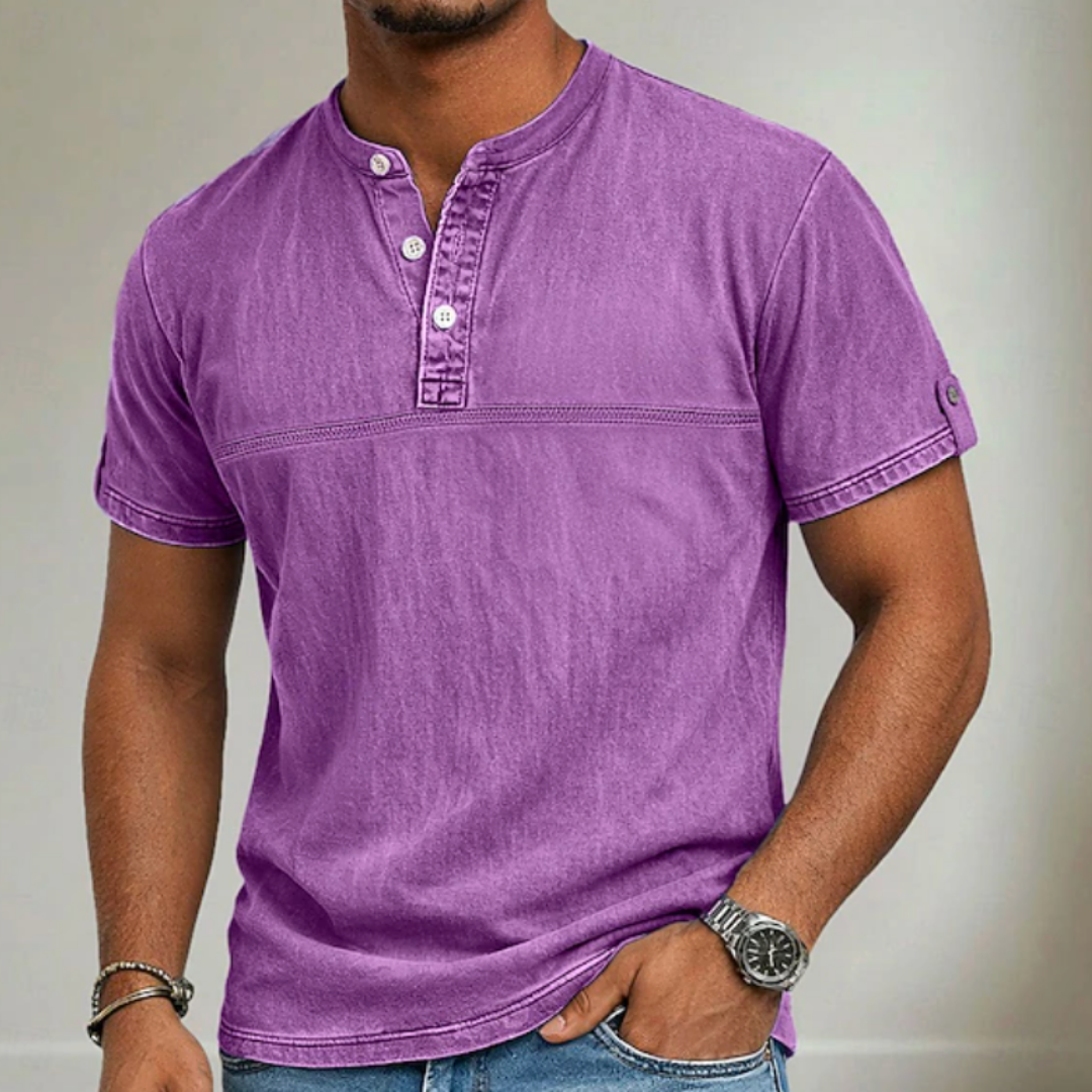Classic Shirt for Men with Stand Collar Short Sleeve