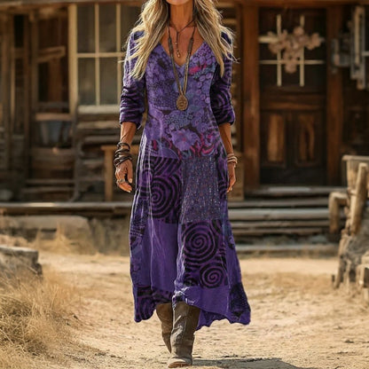 Effortless Purple Patchwork Mini Dress for Women with V Neck Long Sleeve Vintage