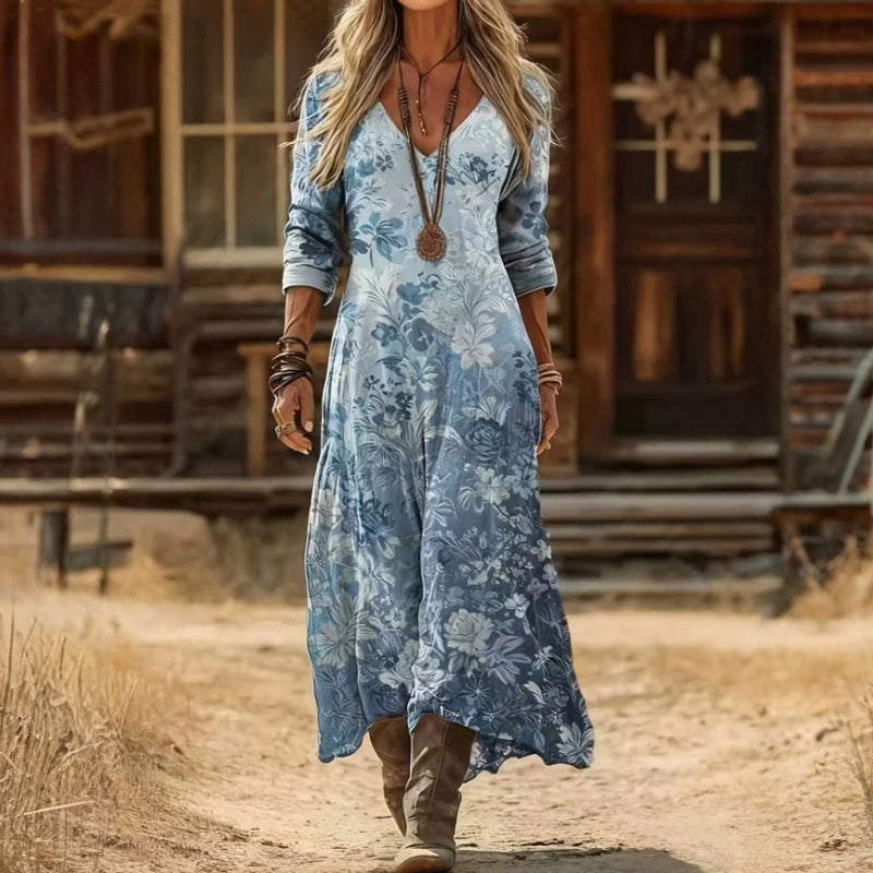 Effortless Blue Floral Mini Dress for Women with V Neck Long Sleeve Vintage