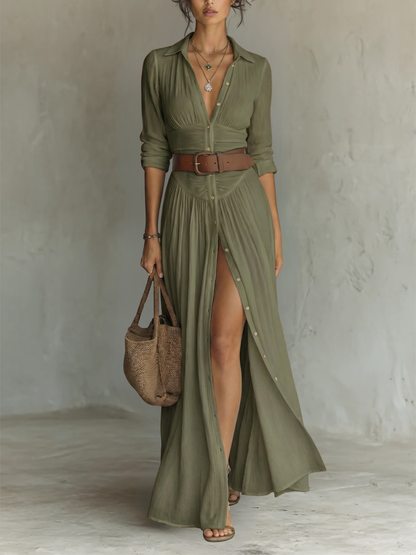 Elegant Maxi Dress for Women with Collared Long Sleeve
