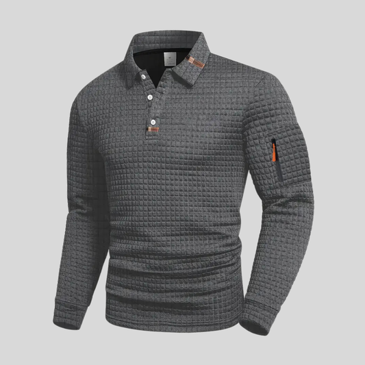 Classic Geometric Polo Shirt for Men with Long Sleeve Pocket