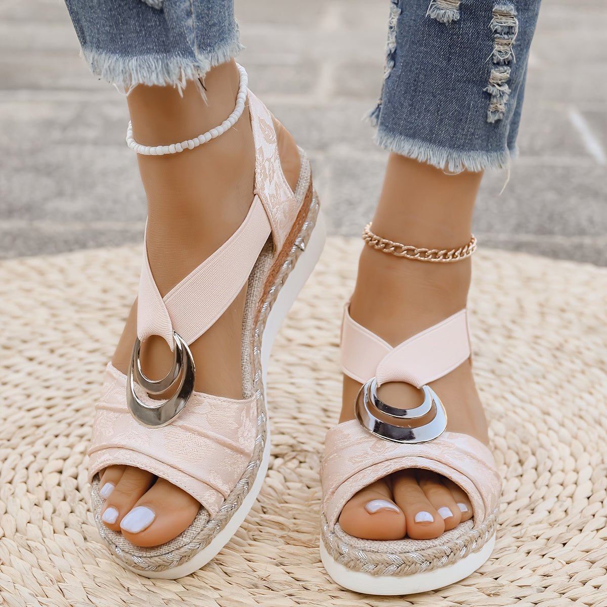 Comfortable Platform Sandals for Women with Braided Open Toe Slip On Style