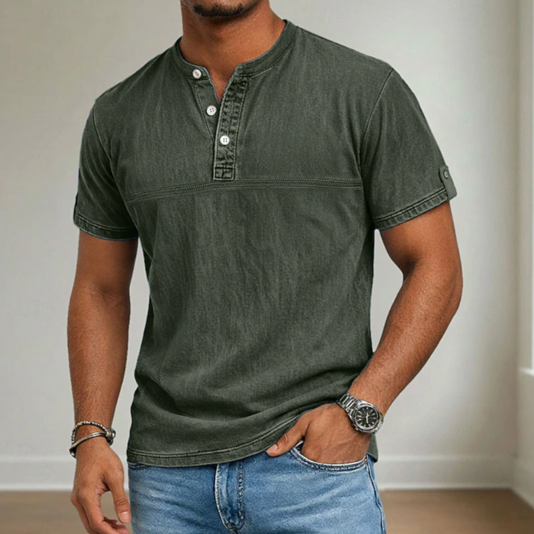 Classic Shirt for Men with Stand Collar Short Sleeve
