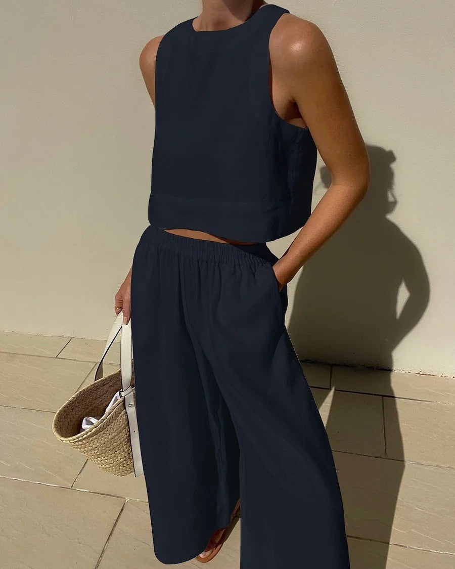 Effortless Two Piece Set for Women with Sleeveless Casual Wide Leg Style
