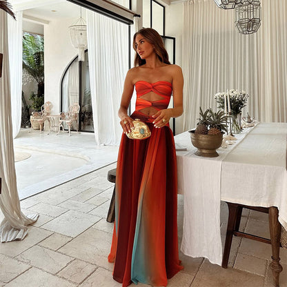 Elegant Multicolour Maxi Dress for Women with Strapless Casual Style