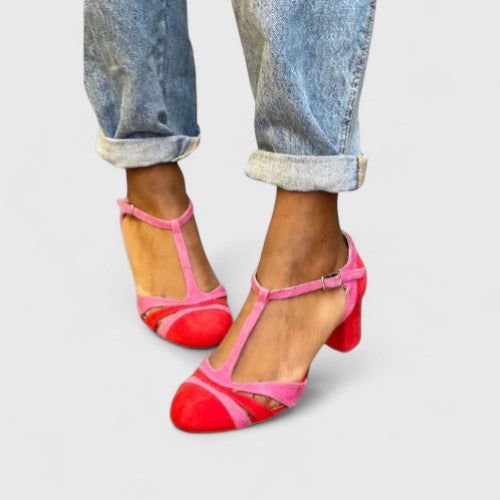 Comfortable Color Block Heels for Women with Ankle Strap Cushioned Style