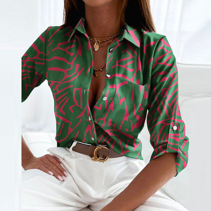 Effortless Printed Blouse for Women with Collared Casual Style