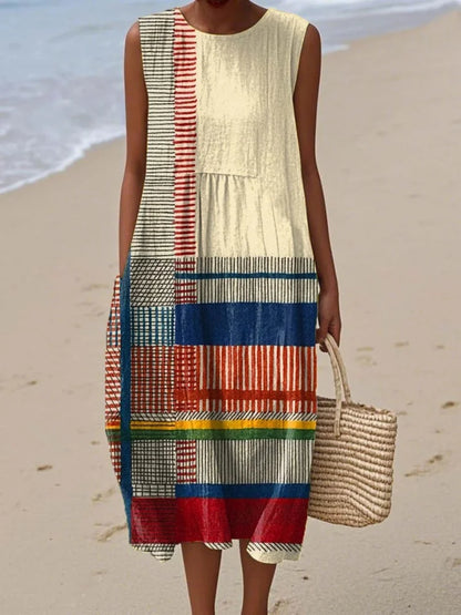 Elegant Geometric Midi Dress for Women with Sleeveless Casual Style