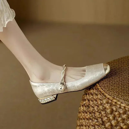 Comfortable Mary Jane Shoes for Women with Braided Block Heel Metallic Style
