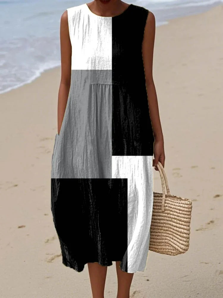 Effortless Geometric Midi Dress for Women with Sleeveless Casual Style