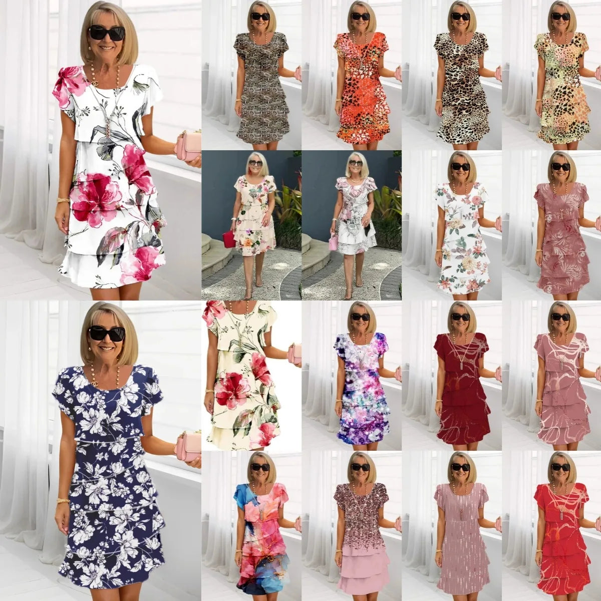 Elegant Floral Chiffon Mini Dress for Women with Crew Neck Short Sleeve Tiered