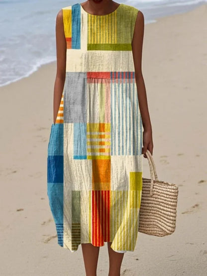 Effortless Geometric Midi Dress for Women with Sleeveless Casual Style