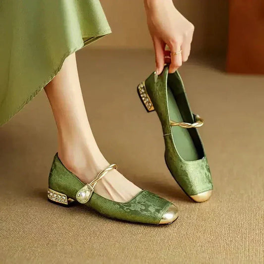 Comfortable Mary Jane Shoes for Women with Braided Block Heel Metallic Style
