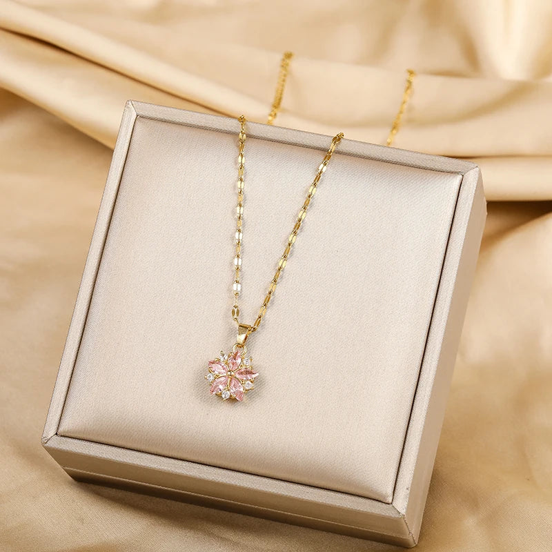 Elegant Gold Necklace for Women with Sakura Rose Design